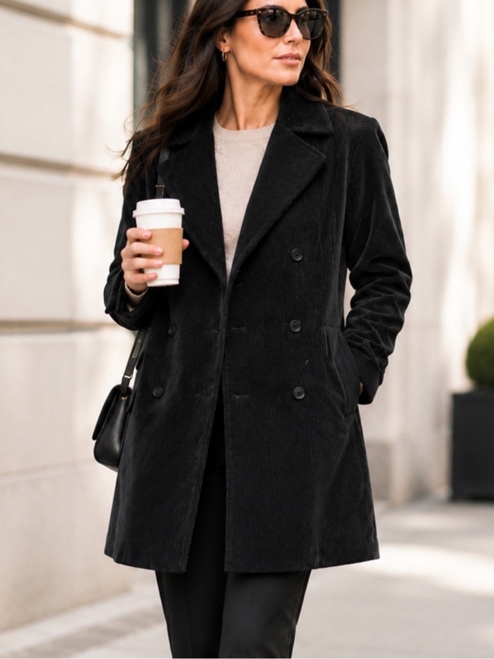 H&M Black Corduroy PeaCoat Double Breasted Longline Tailored Coat Size 12